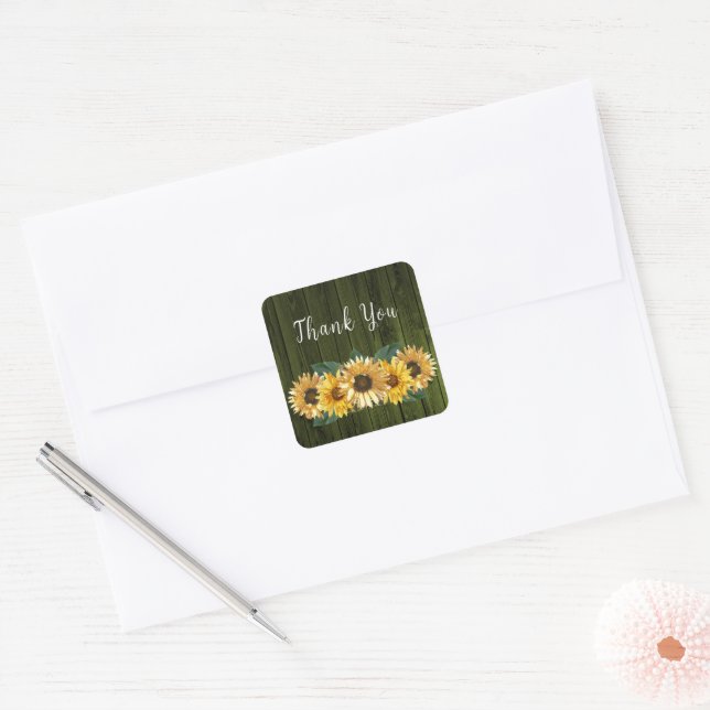 Adesivo Quadrado Casamento Rustic Green Sunflower Obrigado (Envelope)