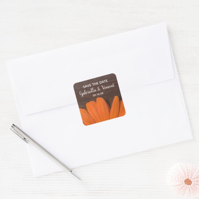 Adesivo Quadrado Casamento Rustic Orange Daisy Country Salve a Data (Envelope)