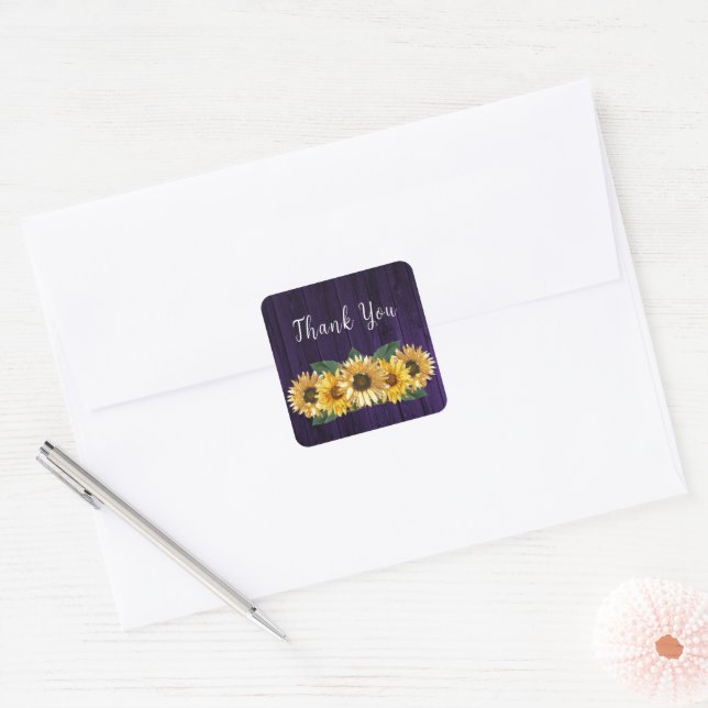 Adesivo Quadrado Casamento Rustic Purple Sunflower Obrigado (Envelope)