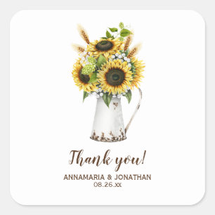 Adesivo Quadrado Casamento Rustic Sunflower Metal Pitcher Obrigado