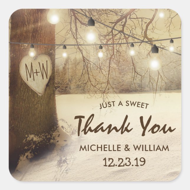 Adesivo Quadrado Casamento Rustic Winter Tree Twinkle Lights (Frente)