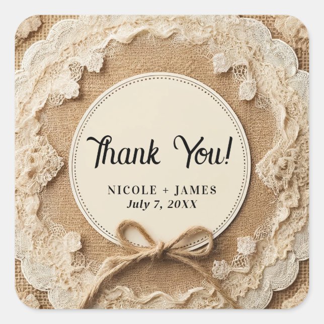 Adesivo Quadrado Casamento Rústico de Arco Burlap Lace & Twine (Frente)