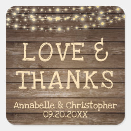Adesivo Quadrado Casamento Rústico De Madeira Luzes AMAM E OBRIGADO