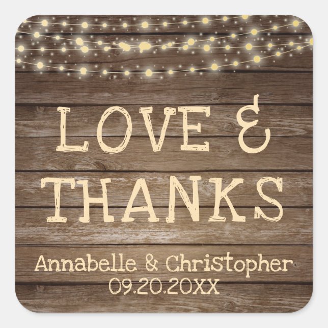 Adesivo Quadrado Casamento Rústico De Madeira Luzes AMAM E OBRIGADO (Frente)