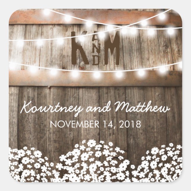 Adesivo Quadrado Casamento Rústico no Campo | Fio de Luzes (Frente)