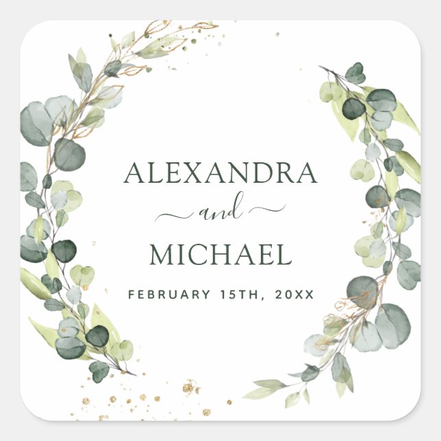 Adesivo Quadrado Casamento Selo Eucalyptus Greenerent (Frente)