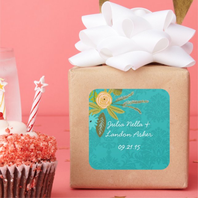 Adesivo Quadrado Casamento tema damasco de Chartreuse Turquoise Mod (Festa)