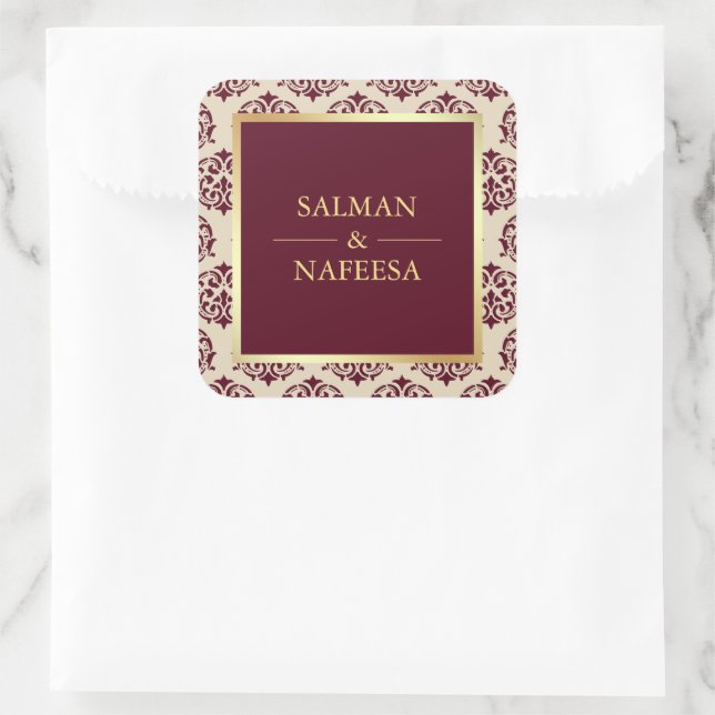 Adesivo Quadrado Casamento tema damasco Faux Gold Foil Burgundy (Bolsa)