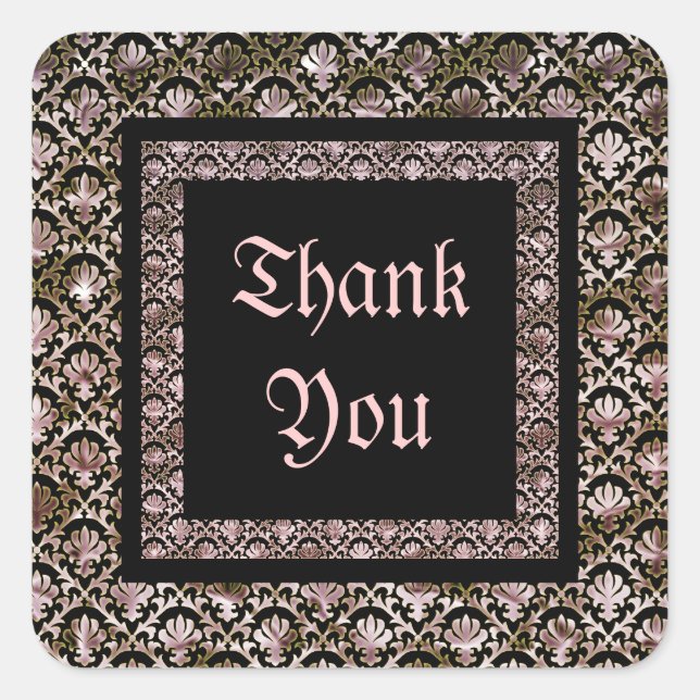 Adesivo Quadrado Casamento tema damasco rosa preto Elegante (Frente)