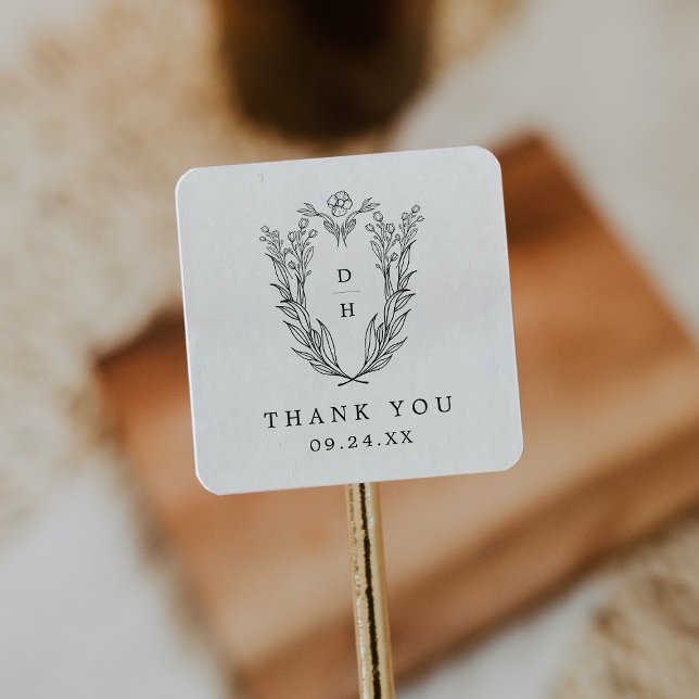 Adesivo Quadrado Casamento Tradicional Branco Negro DAPHNE Obrigado (DAPHNE Black White Traditional Wedding Thank You Square Sticker)