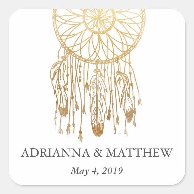 Adesivo Quadrado Casamento Tribal Boho Dream Catcher Faux Gold Foil (Frente)