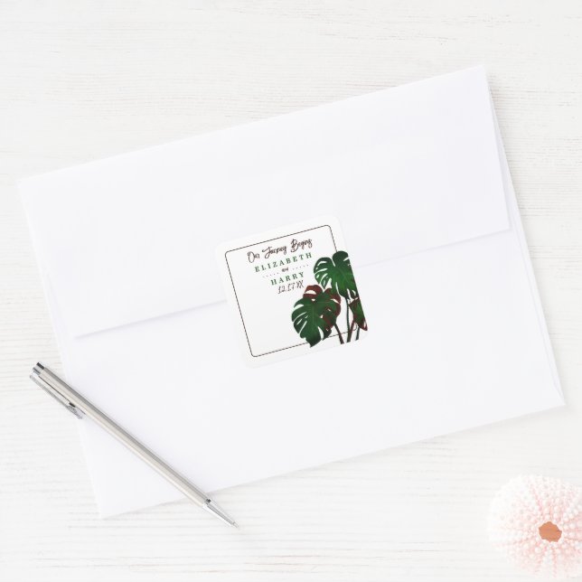 Adesivo Quadrado Casamento Tropical de Monstera Beach (Envelope)