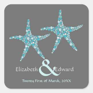 Adesivo Quadrado Casamento Turquoise Aqua Starfish Salve a Data