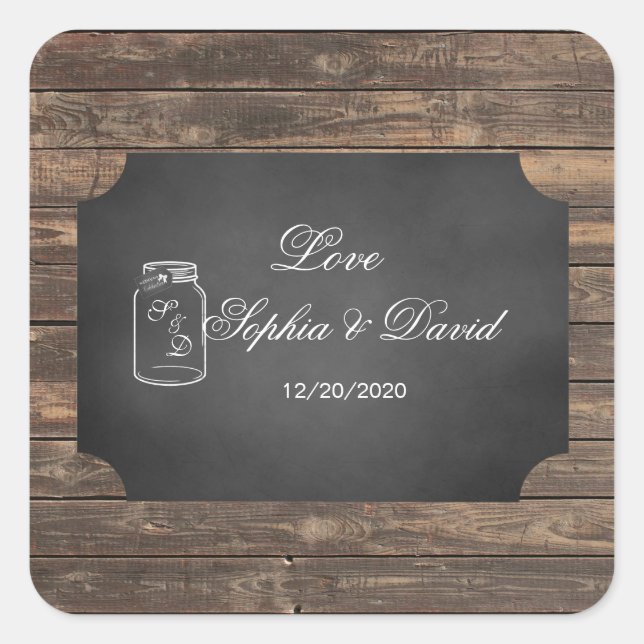 Adesivo Quadrado Casamento Único Rustic Mason Jar Chalkboard (Frente)