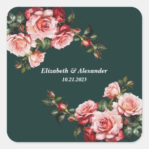 Adesivo Quadrado Casamento verde-rosa-escuro e rosa vermelha