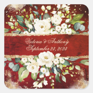 Adesivo Quadrado Casamento Vermelho Dourado Botânico Floral Russo 