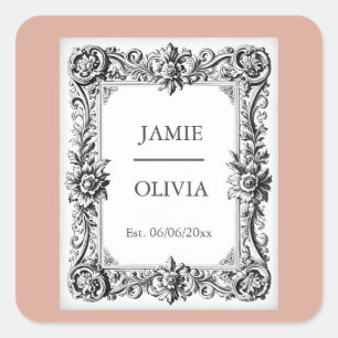 Adesivo Quadrado Casamento vintage Barroco Rosa Dusty - Texto Perso