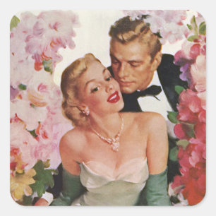 Adesivo Quadrado Casamento vintage, Newlyweds retros dos noivos