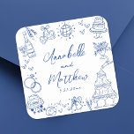 Adesivo Quadrado Casamento Whimsical Azul Desenhado Pela Mão Quirky<br><div class="desc">Vinhetas Azuis De Casamento Simples, Desenhadas À Mão. Estes bengalas de casamento quadrados divertidos e divertidos apresentam ilustrações esquisitas de rabiscos em torno do design, tudo em um tema azul vibrante. Elementos como uma torre de champanhe, bolo de casamento, bola de disco, corações, sinos de casamento, anéis, câmeras e mais...</div>