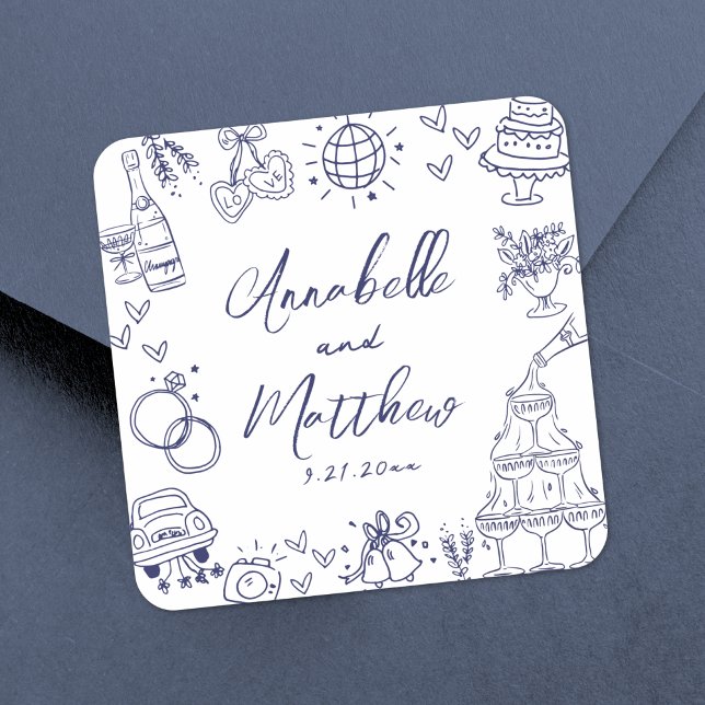Adesivo Quadrado Casamento Whimsical Azul Marinho Desenhado pela Mã (Quirky Hand Drawn Navy Blue Whimsical Wedding Square Sticker)