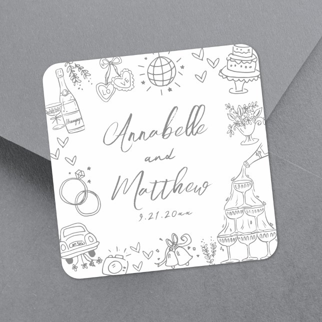 Adesivo Quadrado Casamento Whimsical De Cinzas De Desenho De Mão Qu (Quirky Hand Drawn Gray Whimsical Wedding Square Sticker)