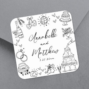 Adesivo Quadrado Casamento Whimsical Desenhado pela Mão Simples