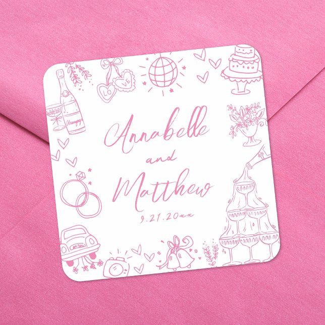 Adesivo Quadrado Casamento Whimsical Pink Desenhado Pela Mão Quirky (Quirky Hand Drawn Pink Whimsical Wedding Square Sticker )