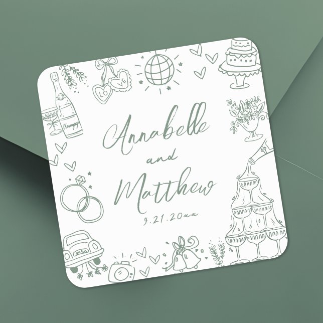 Adesivo Quadrado Casamento Whimsical Quirky com Desenho Verde (Quirky Hand Drawn Green Whimsical Wedding Square Sticker)