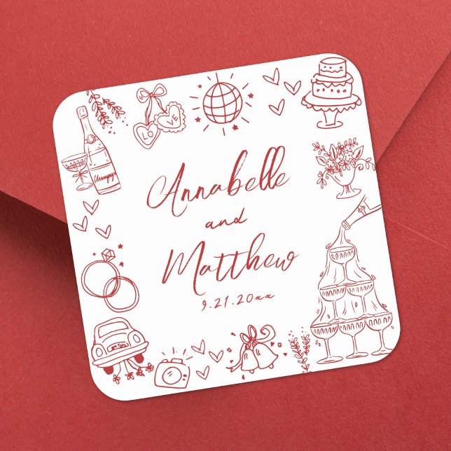 Adesivo Quadrado Casamento Whimsical Vermelho Desenhado Pela Mão Qu (Quirky Hand Drawn Red Whimsical Wedding Square Sticker)