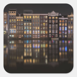 Adesivo Quadrado Casas de Amsterdã com luzes coloridas durante a no