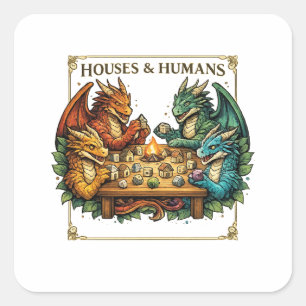 Adesivo Quadrado Casas de Dragão Divertidas e Arte de Fantasia Huma