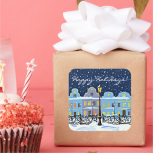 Adesivo Quadrado Casas De Vintagem Fresca Na Paisagem De Neve