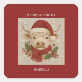 Adesivo Quadrado Casca russa com Vaca Highland com Santa Hat