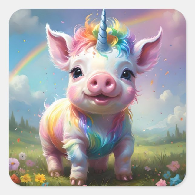 Adesivo Quadrado "Cascos Mágicos: O Rainbow Unicorn Pig" (Frente)
