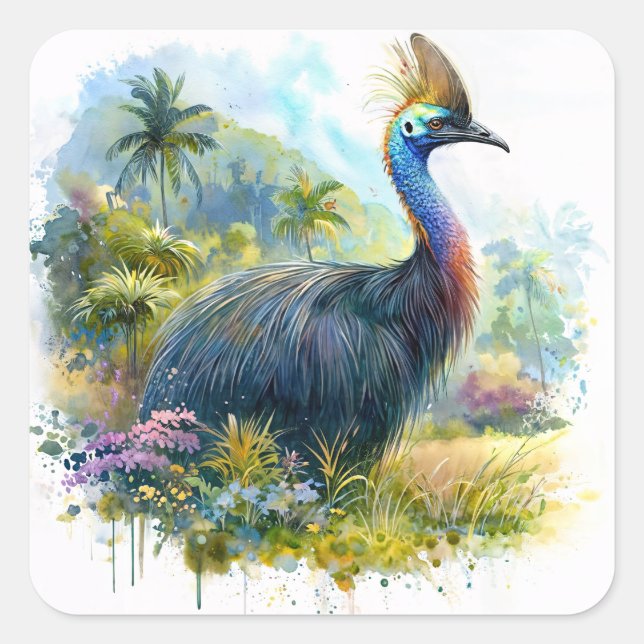 Adesivo Quadrado Cassowary Watercolor Art (Frente)