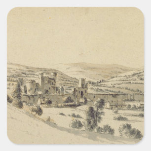 Adesivo Quadrado Castelo de Caerphilly (caneta, tinta e lavagem no