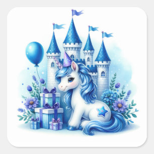 Adesivo Quadrado Castelo de Fairytale, Unicórnio Azul e Cute
