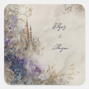 Adesivo Quadrado Castelo Roxo Elegante de Aquarela Etérea Casamento