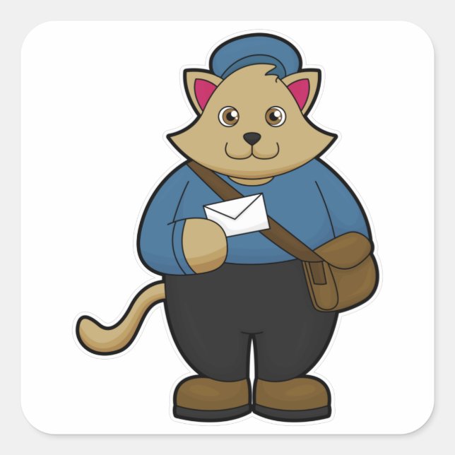 Adesivo Quadrado Cat como Postman com Envelope & Bag (Frente)