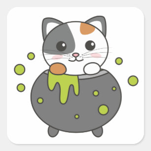 Adesivo Quadrado Cat Happy Halloween Cauldron Bat