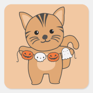 Adesivo Quadrado Cat Happy Halloween Pumpkin Bat Costume Square Sti