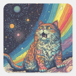 Adesivo Quadrado Cat Meows no espaço com arco-íris