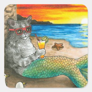 Adesivo Quadrado Cat Mermaid 25 Beach Sunset