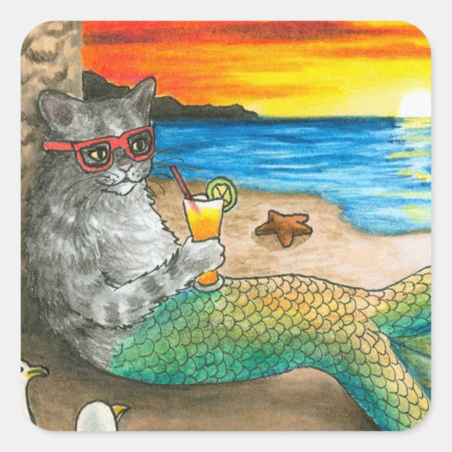 Adesivo Quadrado Cat Mermaid 25 Beach Sunset (Frente)