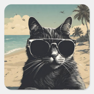 Adesivo Quadrado Cat on Beach - Design de alta qualidade