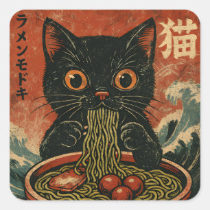 Adesivo Quadrado Cat Ramen Japonês Engraçado Gráfico Kawaii