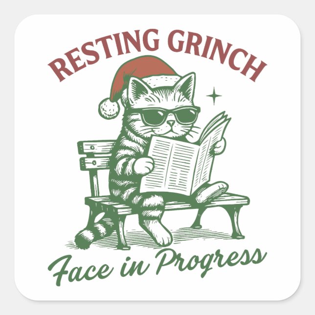 Adesivo Quadrado Cat Resting Grinch Face in Progress Holiday  (Frente)