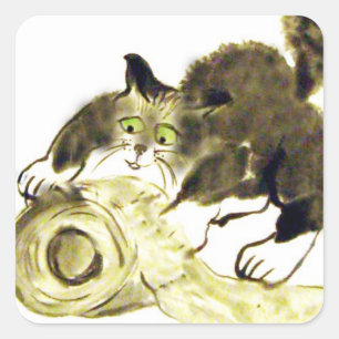 Adesivo Quadrado Catbotage - gatinho e papel higiénico, Sumi-e