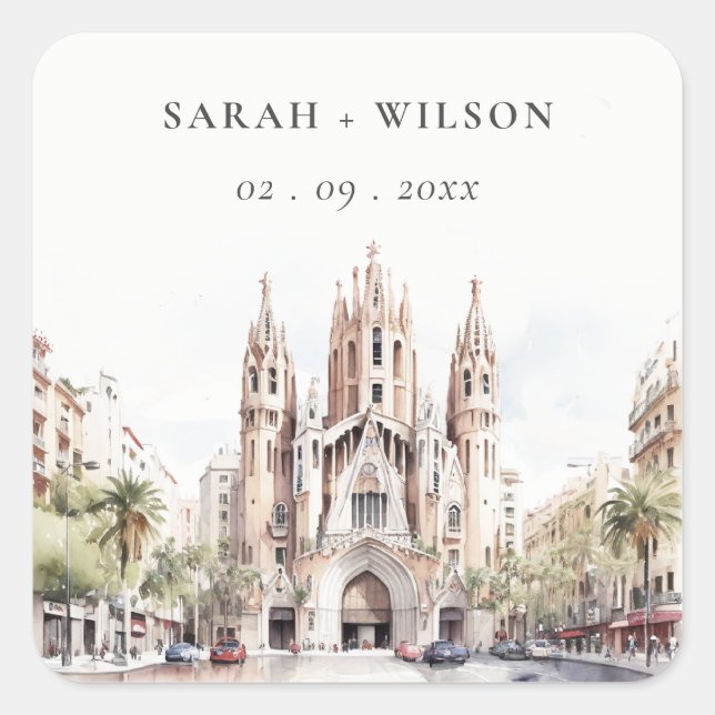 Adesivo Quadrado Catedral de Barcelona Casamento por Aquarela Espan (Frente)