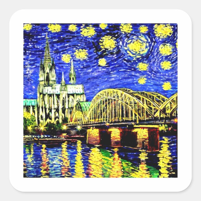 Adesivo Quadrado Catedral de Starry Night Cologne Alemanha (Frente)